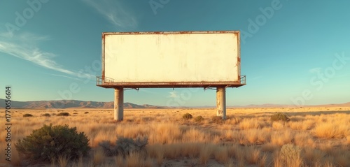 Fototapeta Naklejka Na Ścianę i Meble -  Large blank white billboard with rusted edges in arid desert landscape. Empty sign stands in dry grass field against blue sky. Wide open space for copy. Isolated signpost, vintage outdoor advert.