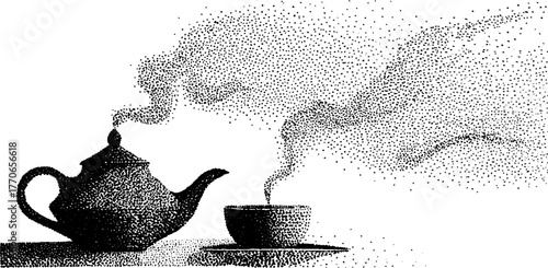 Vintage black and white teapot with swirling steam illustration for design