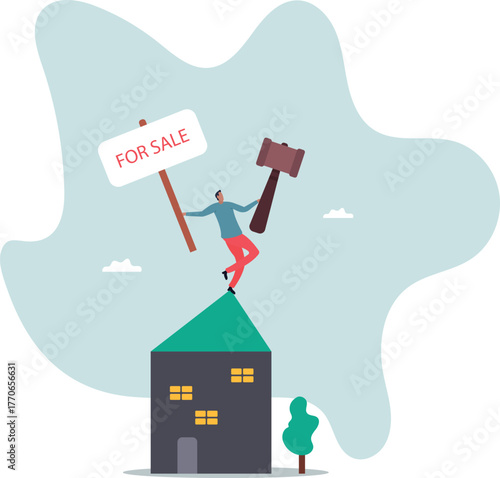 Home for sale, selling house moving to new home.business concept.flat character.human life and situation.