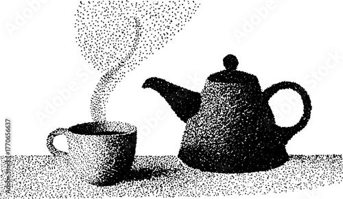 Black and white teapot and teacup with swirling steam in stipple art for vintage design