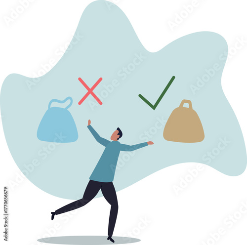 Paper bag replaces plastic one.Environmental concept.about a man and his life.