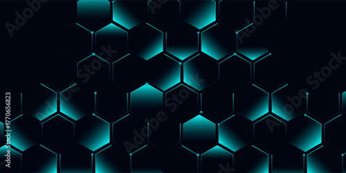 Abstract hexagon blue background banner futuristic business data technology modern concept, polygon shape lines connecting link dark blue contrast