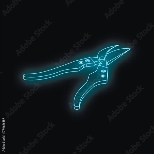 Neon blue pruning shears glowing on a dark background, representing gardening and plant care