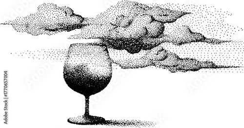Elegant wine glass with surreal swirling clouds in vintage dotwork style