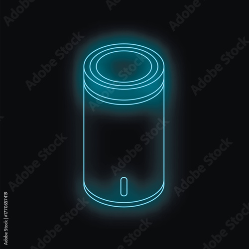 Neon blue smart speaker glowing on a black background, representing futuristic home technology and voice activated assistants