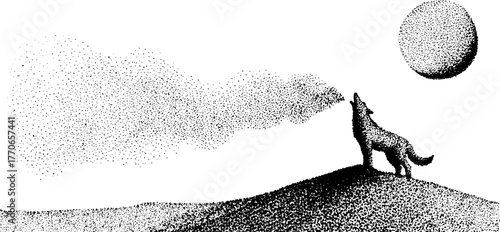 Majestic wolf howling at the moon on a snowy ridge in black and white