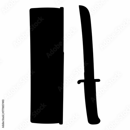 Black and White Silhouette Illustration of Katana Sword and Saya Cover