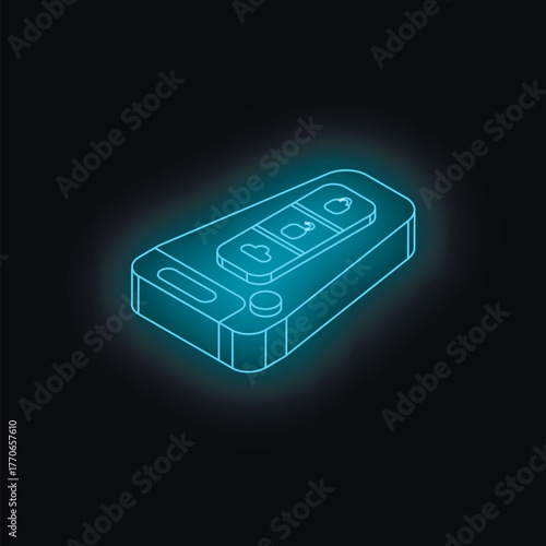 Futuristic glowing blue neon car key remote control isolated on black background, featuring lock, unlock, and trunk release buttons, representing modern vehicle security technology