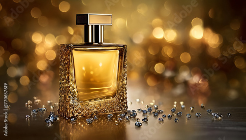 Wallpaper Mural Elegant perfume bottle with sparkling details, capturing luxury and sophistication in a beautifully lit background. Torontodigital.ca