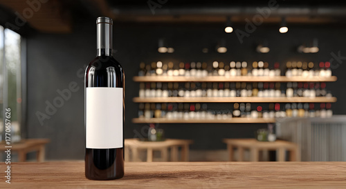 Wallpaper Mural Elegant red wine bottle positioned on a wooden table, showcasing a blank label for customization in a stylish bar. Torontodigital.ca