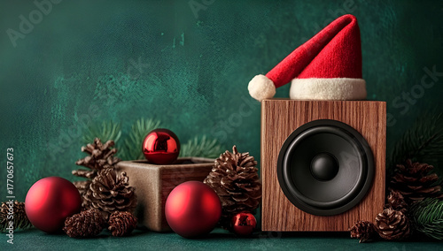Wallpaper Mural Festive speaker adorned with a Santa hat, red ornaments, and pine cones, creating a cozy holiday atmosphere. Torontodigital.ca