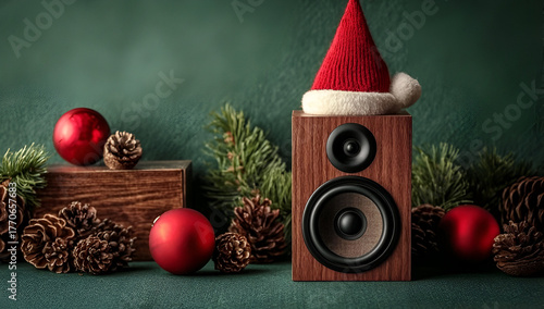 Wallpaper Mural Festive speaker wearing a Santa hat surrounded by ornaments and pine cones, perfect for holiday cheer and celebrations. Torontodigital.ca