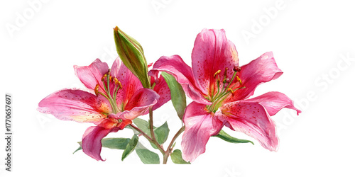 Vibrant pink lilies blooming on a white background with green stems and leaves