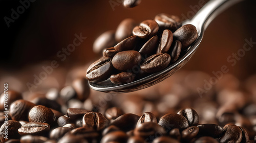 Wallpaper Mural High-resolution close-up of coffee beans spilling from a spoon, showcasing their rich texture and deep color. Torontodigital.ca