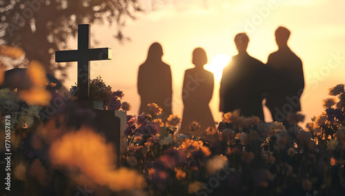 Wallpaper Mural Silhouetted figures stand in a cemetery at sunset, reflecting on life and loss amidst colorful flowers. Torontodigital.ca