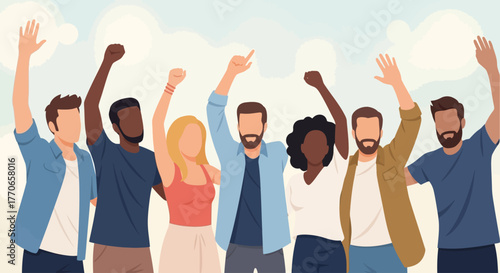 A lively flat design illustration showing a diverse group of people from various backgrounds, happily enjoying a music festival with hands raised.