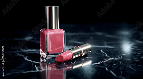 Wallpaper Mural Stylish nail polish and lipstick on a marble background for beauty and cosmetics themed imagery. Torontodigital.ca