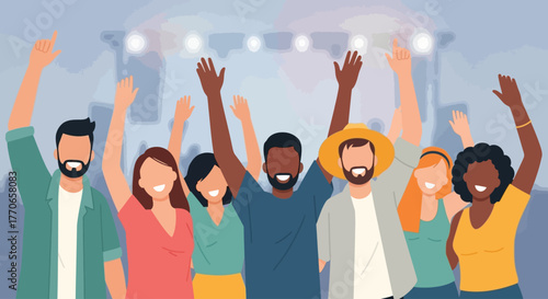 A lively flat design illustration showing a diverse group of people from various backgrounds, happily enjoying a music festival with hands raised.
