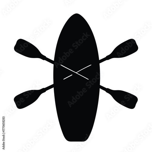 Black silhouette of a kayak with crossed paddles, simple and bold design