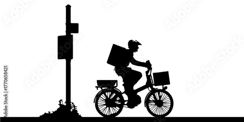 Silhouette of a delivery person riding a bicycle with a large insulated bag and front basket
