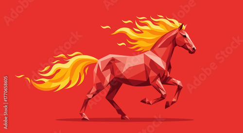 Abstract Polygonal Running Horse with Fiery Mane and Tail Illustration