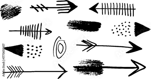 Minimalist black and white arrow and abstract doodle set for creative design