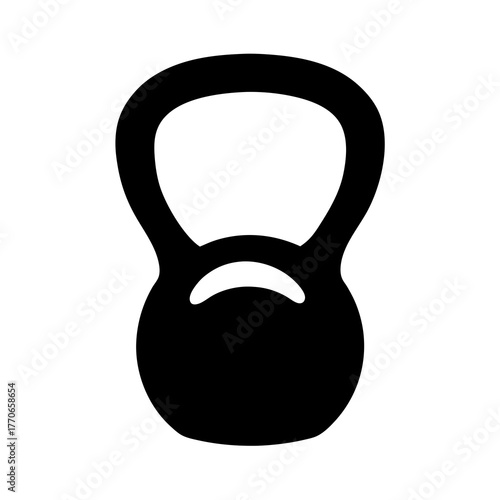 Graphic representation of a black kettlebell against a stark white background