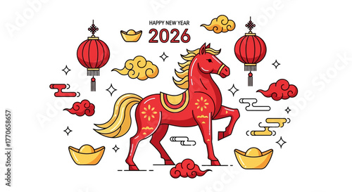 Outline Style Illustration of Chinese New Year with Horse and Lantern Decoration
