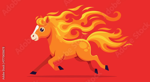 Flat Style Dynamic Fire Mane Running Horse Cartoon Illustration