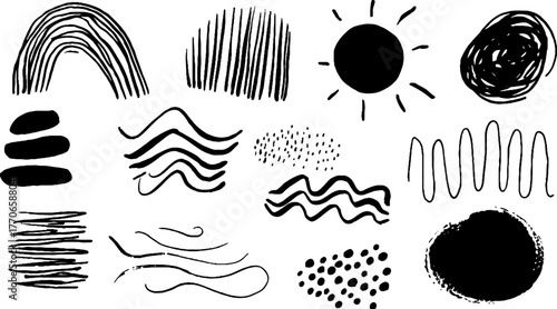 Minimalist abstract black and white doodle collection for artistic designs