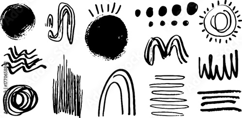 Minimalist abstract doodle collection in black and white for creative design and decoration