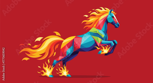 Colorful Geometric Style Rearing Stallion with Fire Digital Art Illustration