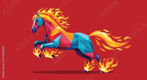 Abstract Geometric Polygonal Fire Horse Stallion Digital Art Illustration
