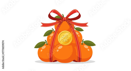 Flat Illustration Stacked Mandarin Oranges with Coin and Ribbon Decoration