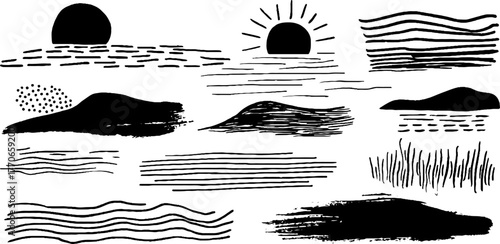 Minimalist abstract black and white doodle collection for creative design projects