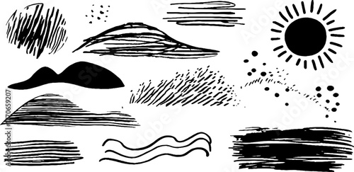 Minimalist black and white abstract doodles set for creative design projects