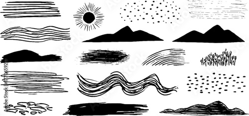 Minimalist abstract doodles collection in black and white for modern design projects