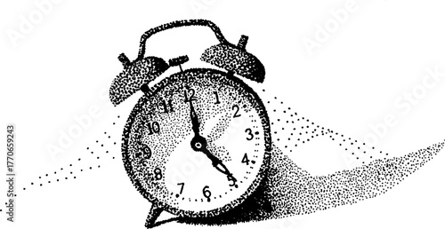 Vintage halftone alarm clock in black and white design for retro decor or print
