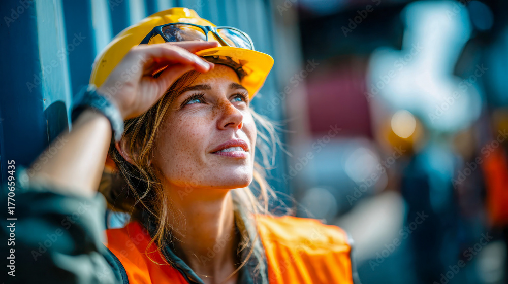 Obraz premium Confident female engineer in a safety helmet and vest, looking upward with determination, symbolizing leadership, construction, and innovation