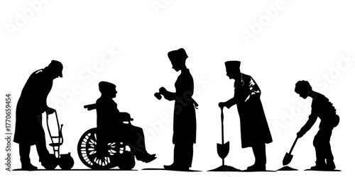 Silhouettes of people representing different stages of life and care needs
