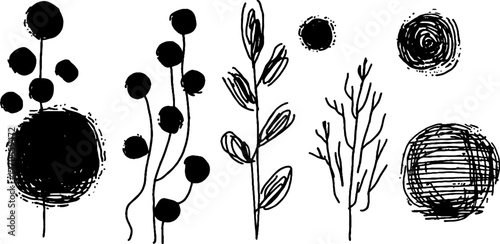 Minimalist abstract black and white doodles with scribbles and brushstrokes for creative design