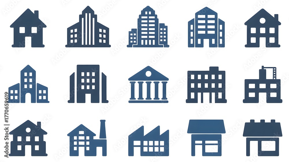 Fototapeta premium Collection of diverse building icons representing architecture and real estate