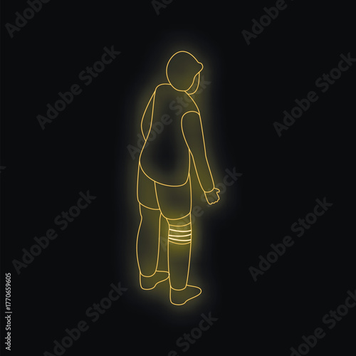 Neon outline of a soccer player wearing shin guards, shorts, and sweatshirt getting ready for a night training match