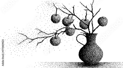 Ancient amphora with branches and orbs in dotwork design