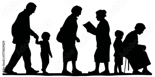 Silhouetted figures representing different stages of life from childhood to old age