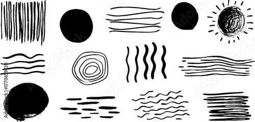 Minimalist abstract art deco doodles set in black and white for creative design