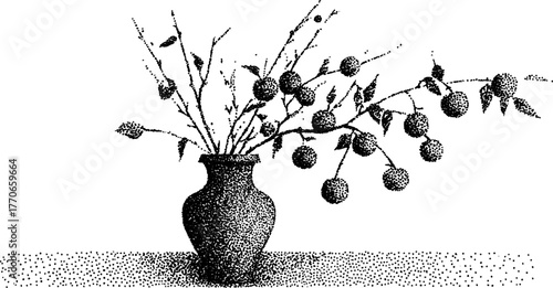 Black and white illustration of ancient amphora with branches and fruits - vintage dotwork design