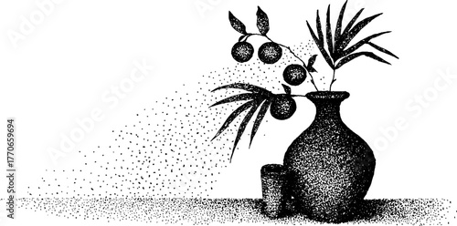Ancient amphora with olive branches in black and white dotwork design for artistic decoration