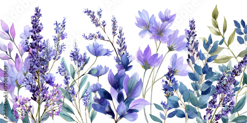Delicate watercolor painting of purple lavender flowers and green foliage in soft light