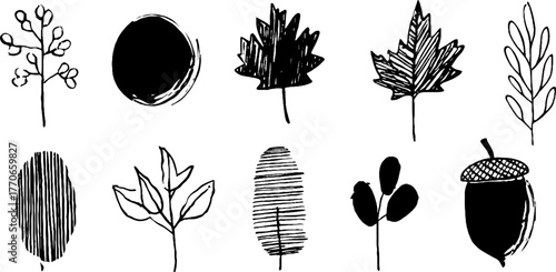 Minimalist abstract autumn leaves doodle set for creative designs